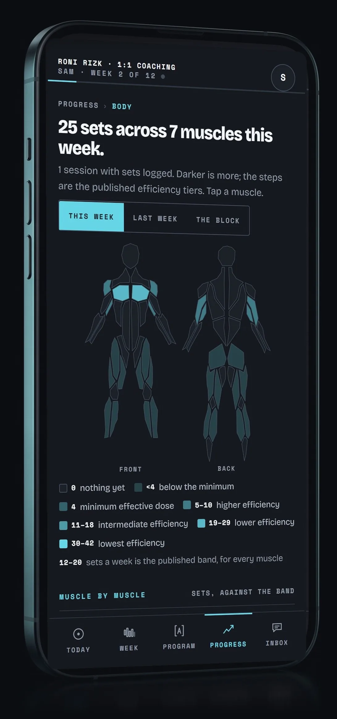 The app on a phone: the day&rsquo;s session, the body map, the food search and Friday&rsquo;s check-in.